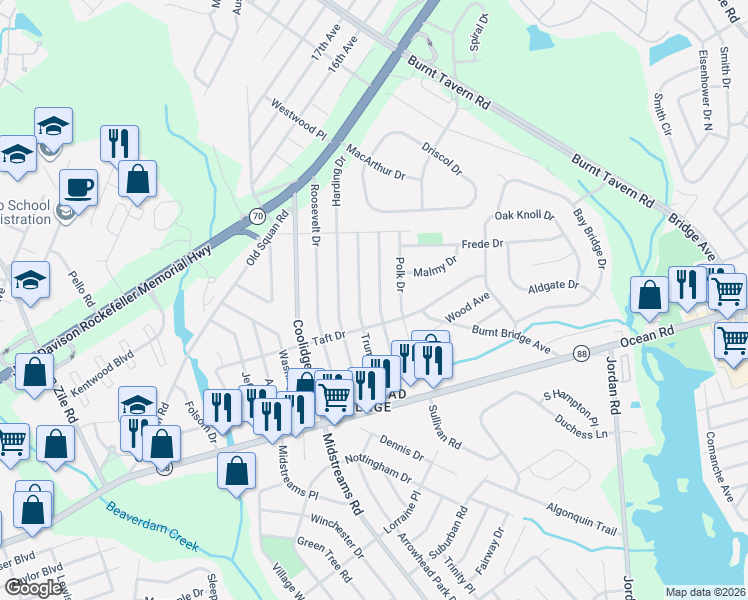 map of restaurants, bars, coffee shops, grocery stores, and more near 110 Hoover Drive in Brick Township
