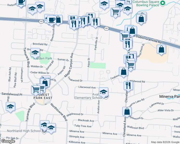 map of restaurants, bars, coffee shops, grocery stores, and more near 5421 Ivywood Lane in Columbus