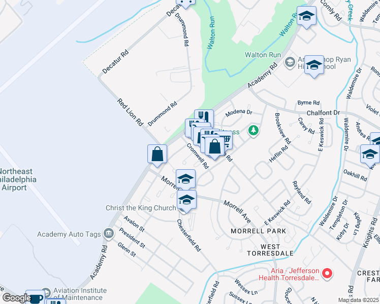 map of restaurants, bars, coffee shops, grocery stores, and more near 10242 Ambridge Place in Philadelphia