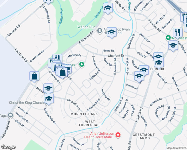 map of restaurants, bars, coffee shops, grocery stores, and more near 10810 Heflin Road in Philadelphia