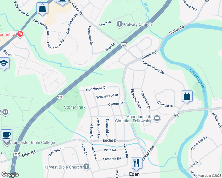 map of restaurants, bars, coffee shops, grocery stores, and more near 2009 Northbrook Drive in Lancaster