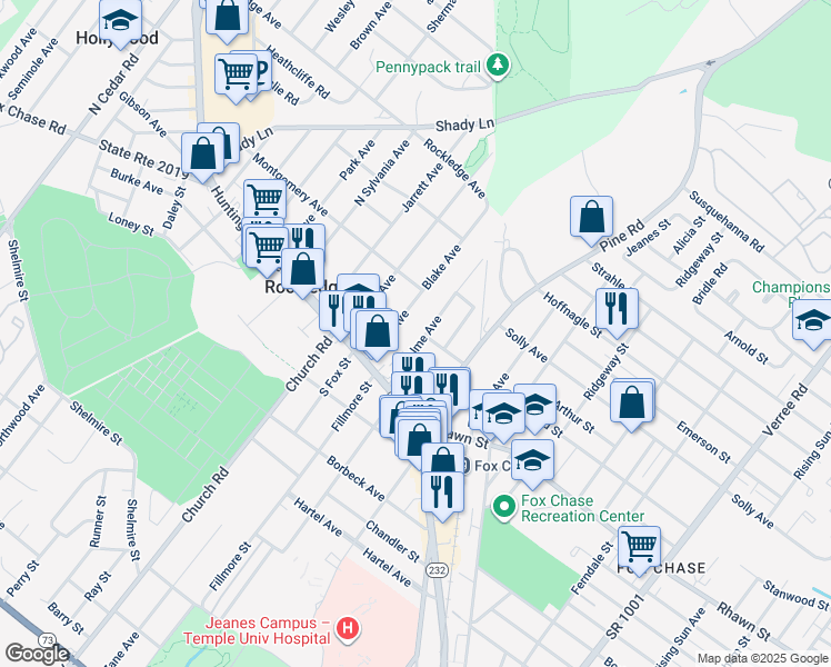 map of restaurants, bars, coffee shops, grocery stores, and more near 8046 Burholme Avenue in Philadelphia