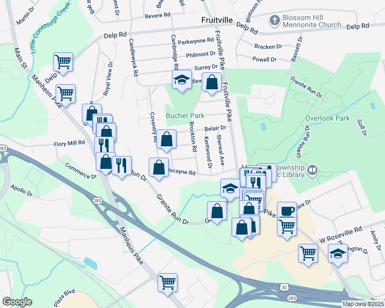 map of restaurants, bars, coffee shops, grocery stores, and more near 2138 Brockton Road in Lancaster