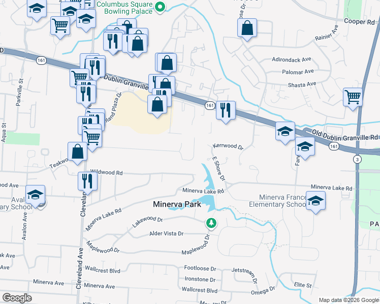 map of restaurants, bars, coffee shops, grocery stores, and more near 5349 Park Lane Drive in Columbus