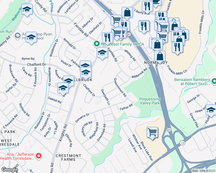 map of restaurants, bars, coffee shops, grocery stores, and more near 4323 Deerpath Lane in Philadelphia