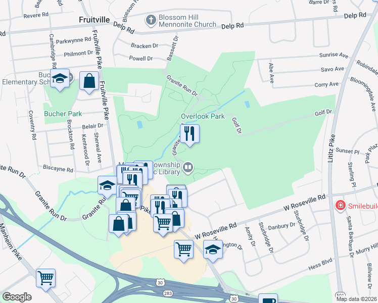 map of restaurants, bars, coffee shops, grocery stores, and more near 605 Granite Run Drive in Lancaster
