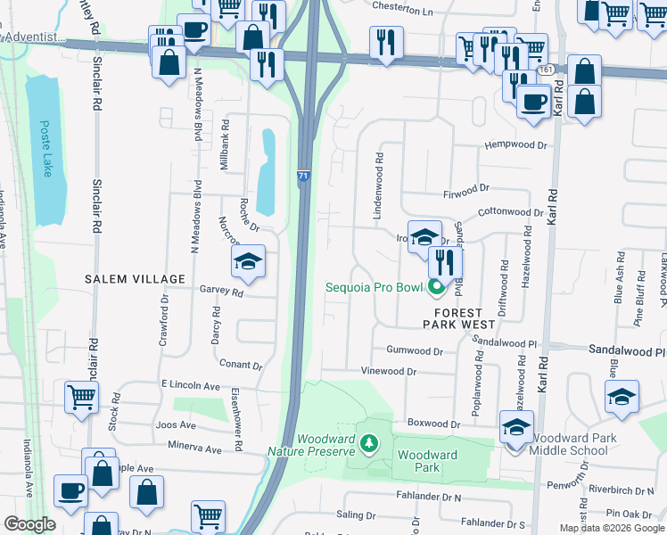 map of restaurants, bars, coffee shops, grocery stores, and more near 5590 Ironwood Court in Columbus