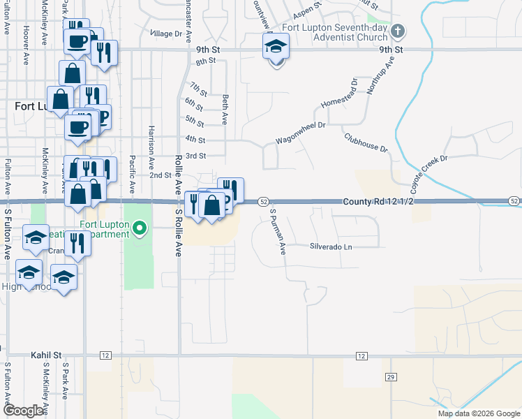 map of restaurants, bars, coffee shops, grocery stores, and more near 104 Corvette Court in Fort Lupton