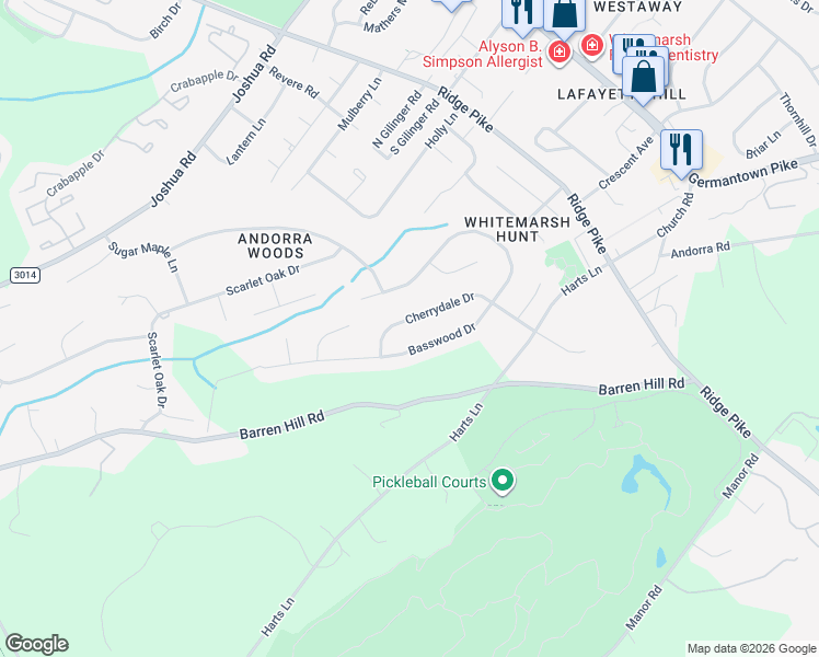 map of restaurants, bars, coffee shops, grocery stores, and more near 672 Cherrydale Drive in Lafayette Hill