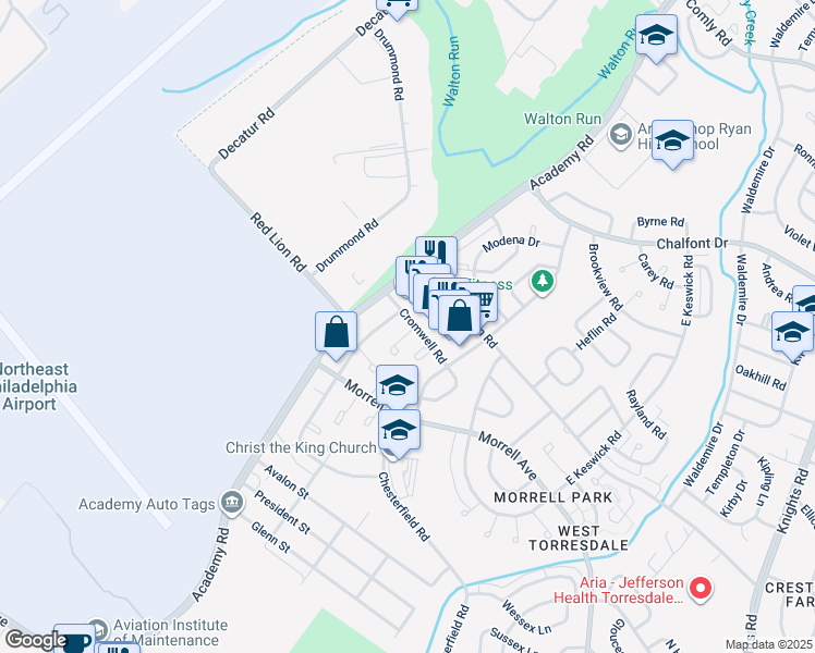 map of restaurants, bars, coffee shops, grocery stores, and more near 10242 Ambridge Place in Philadelphia