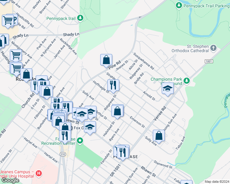 map of restaurants, bars, coffee shops, grocery stores, and more near 8304 Ridgeway Street in Philadelphia