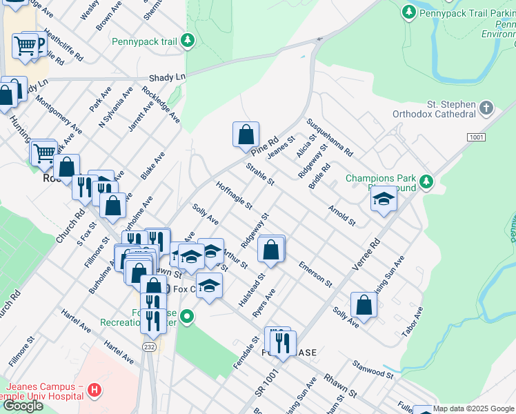 map of restaurants, bars, coffee shops, grocery stores, and more near 525 Hoffnagle Street in Philadelphia