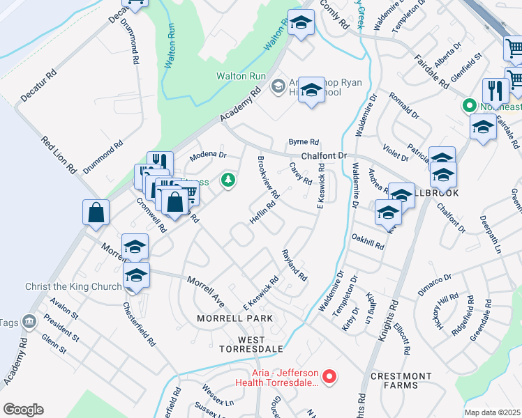 map of restaurants, bars, coffee shops, grocery stores, and more near 10810 Heflin Road in Philadelphia