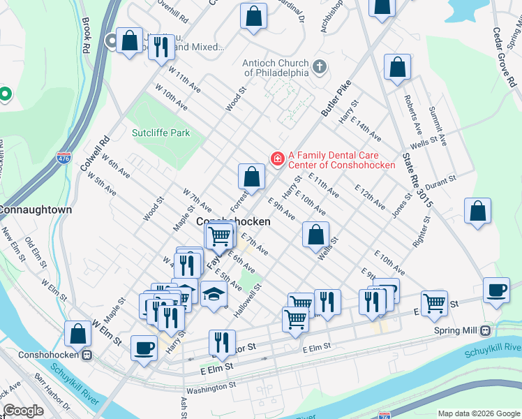 map of restaurants, bars, coffee shops, grocery stores, and more near in Conshohocken