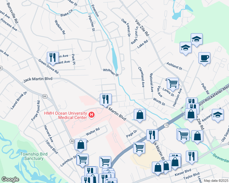 map of restaurants, bars, coffee shops, grocery stores, and more near 60 Joseph Byrne Drive in Brick Township