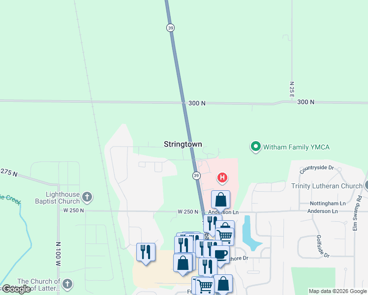 map of restaurants, bars, coffee shops, grocery stores, and more near 2880 Indiana 39 in Lebanon