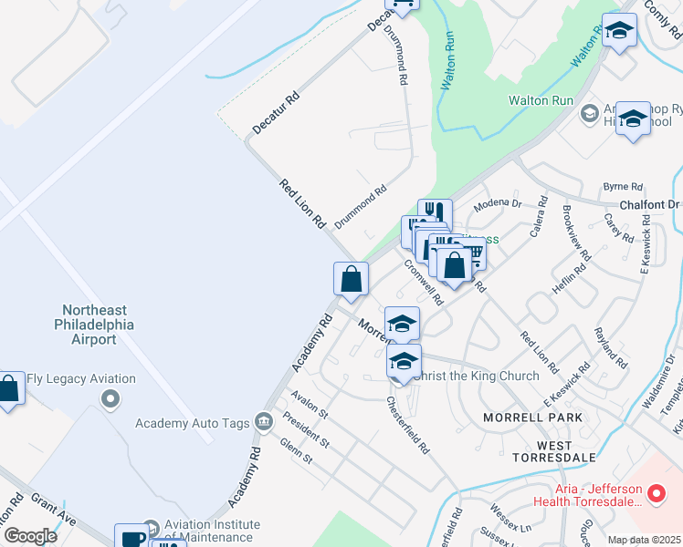 map of restaurants, bars, coffee shops, grocery stores, and more near 3100 Red Lion Road in Philadelphia