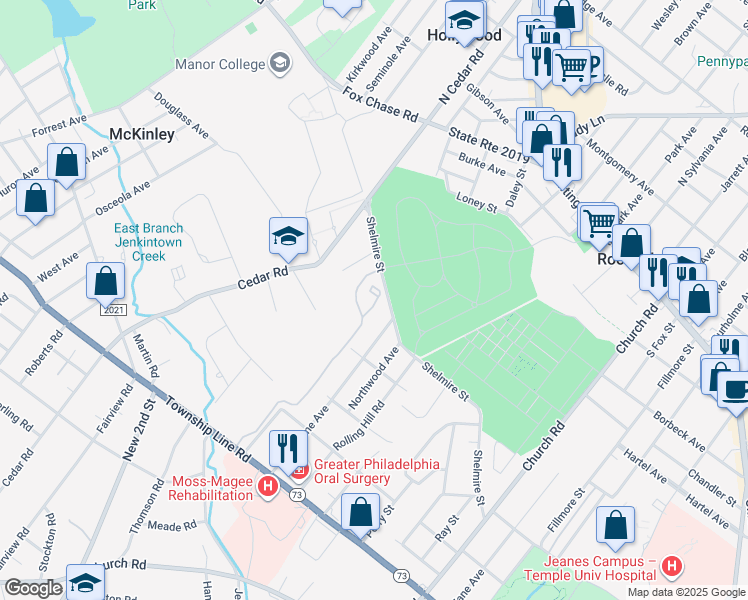 map of restaurants, bars, coffee shops, grocery stores, and more near 314 Glen Way in Elkins Park