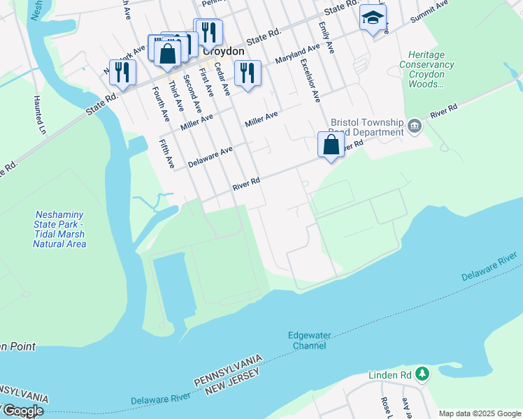 map of restaurants, bars, coffee shops, grocery stores, and more near 726 Shadyside Avenue in Croydon