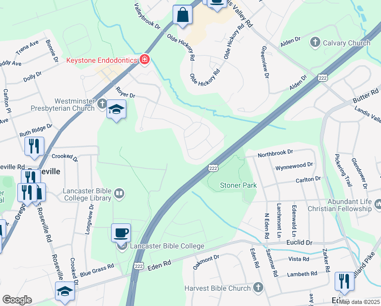 map of restaurants, bars, coffee shops, grocery stores, and more near 686 Stockdale Drive in Lancaster