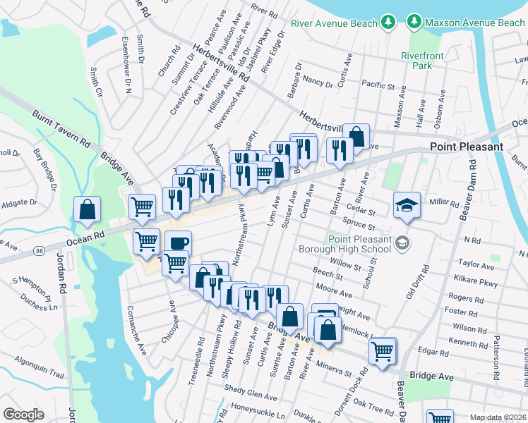 map of restaurants, bars, coffee shops, grocery stores, and more near 3000 Hiawatha Avenue in Point Pleasant