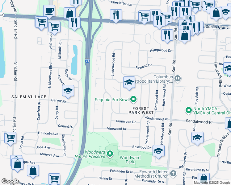 map of restaurants, bars, coffee shops, grocery stores, and more near 5568 Cherrywood Road in Columbus