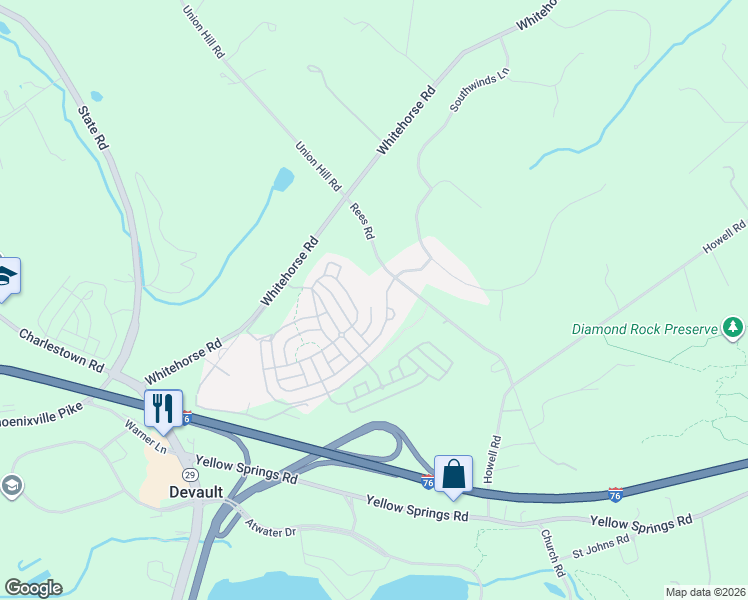 map of restaurants, bars, coffee shops, grocery stores, and more near 606 Spring Oak Drive in Malvern