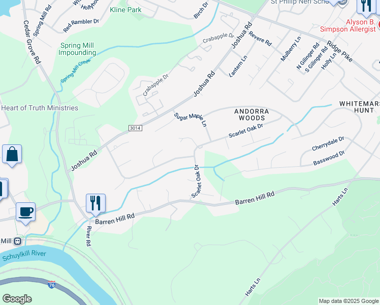 map of restaurants, bars, coffee shops, grocery stores, and more near 1 Copper Beech Dr in Lafayette Hill