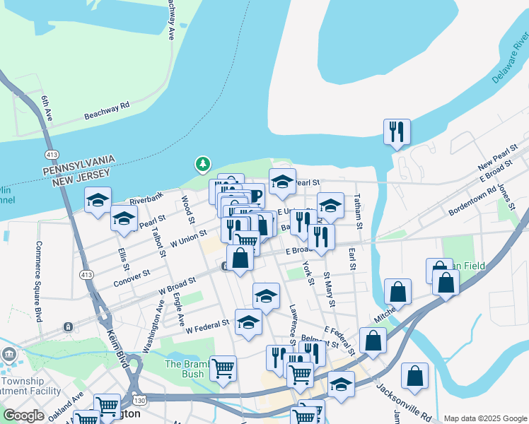 map of restaurants, bars, coffee shops, grocery stores, and more near 101 East Union Street in Burlington