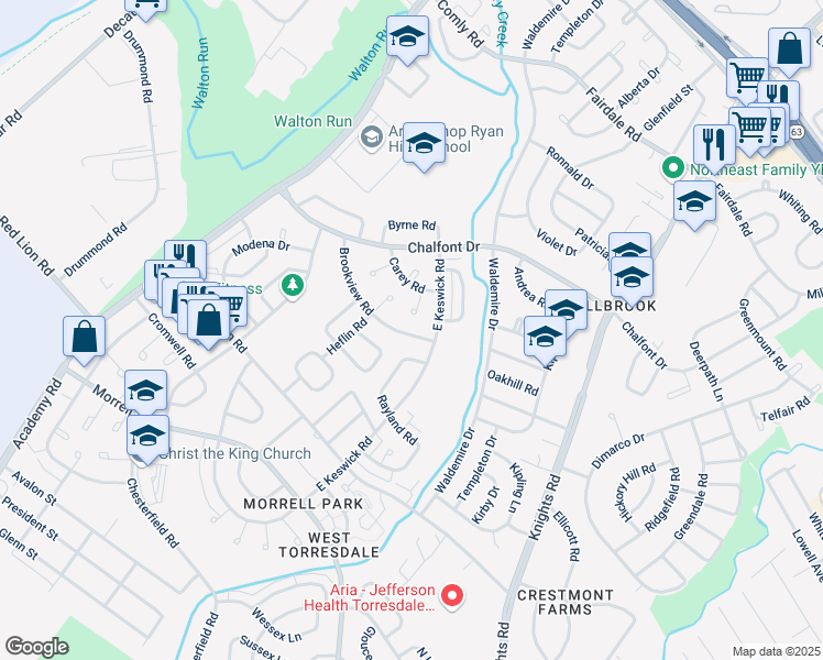 map of restaurants, bars, coffee shops, grocery stores, and more near 3583 Brookview Road in Philadelphia