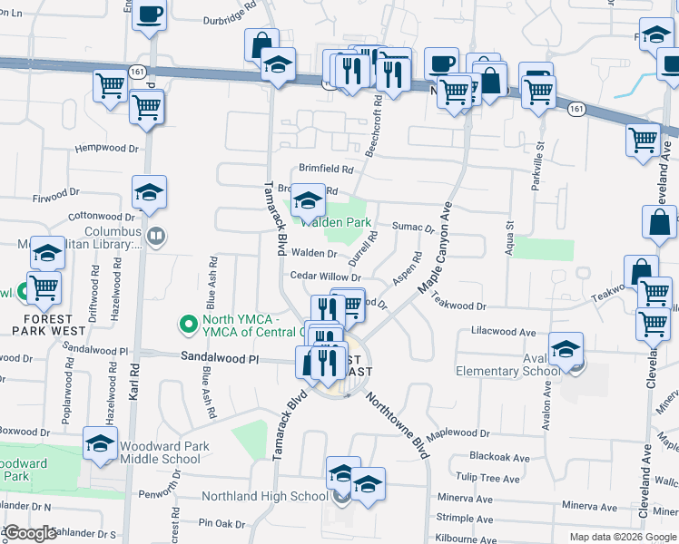 map of restaurants, bars, coffee shops, grocery stores, and more near 1908 Cedar Willow Drive in Columbus