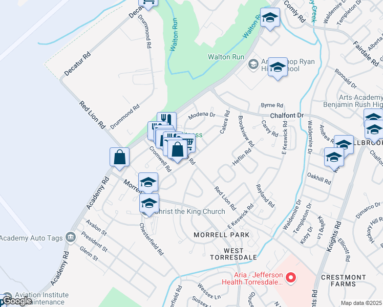 map of restaurants, bars, coffee shops, grocery stores, and more near 3277 Red Lion Rd in Philadelphia