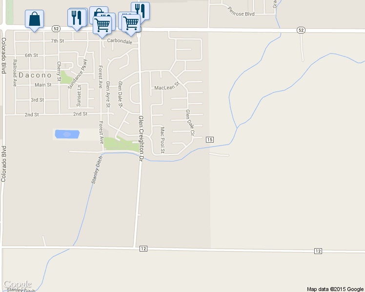 map of restaurants, bars, coffee shops, grocery stores, and more near 1201 Mac James Court in Dacono