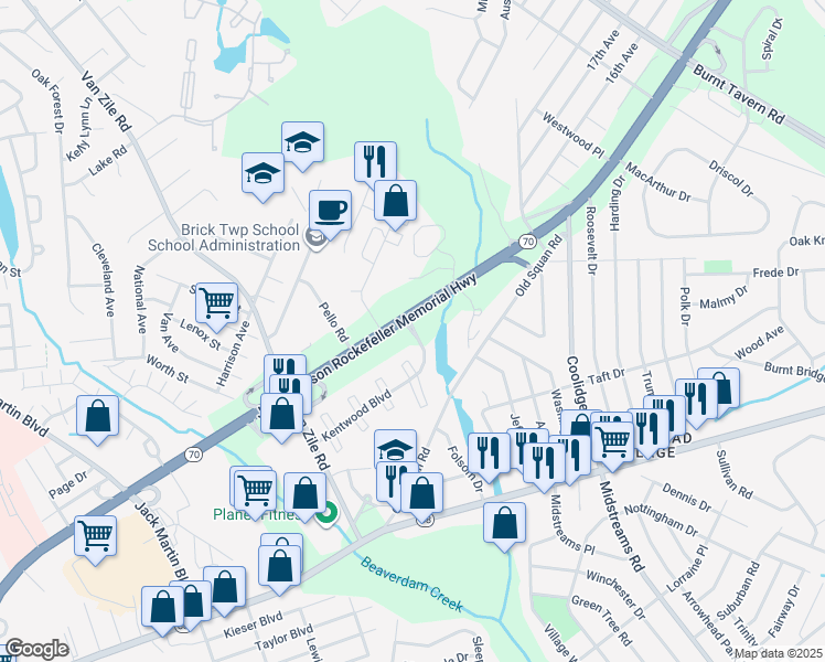 map of restaurants, bars, coffee shops, grocery stores, and more near 378 Kentwood Boulevard in Brick Township
