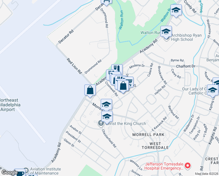 map of restaurants, bars, coffee shops, grocery stores, and more near 10231 North Canterbury Road in Philadelphia