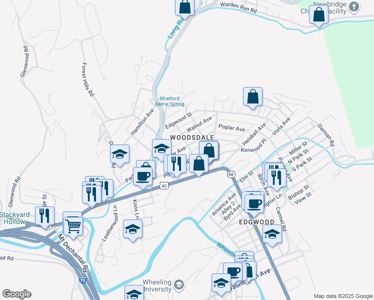 map of restaurants, bars, coffee shops, grocery stores, and more near in Wheeling