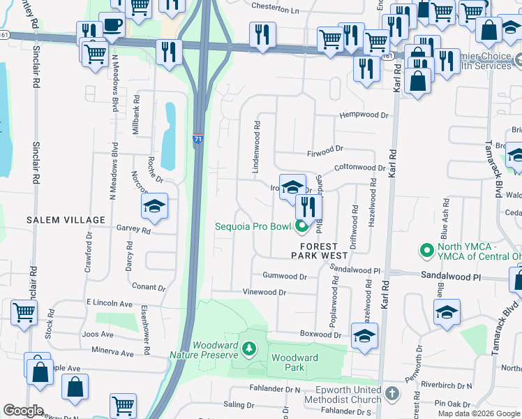 map of restaurants, bars, coffee shops, grocery stores, and more near 5560 Satinwood Drive in Columbus