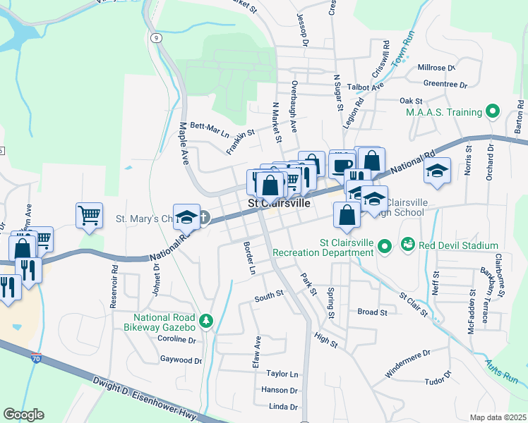 map of restaurants, bars, coffee shops, grocery stores, and more near 154 West Main Street in Saint Clairsville