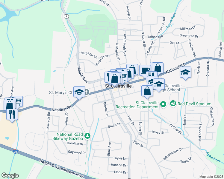 map of restaurants, bars, coffee shops, grocery stores, and more near 154 West Main Street in Saint Clairsville