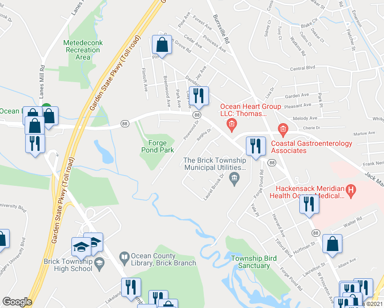 map of restaurants, bars, coffee shops, grocery stores, and more near 31 Regina Drive in Brick Township