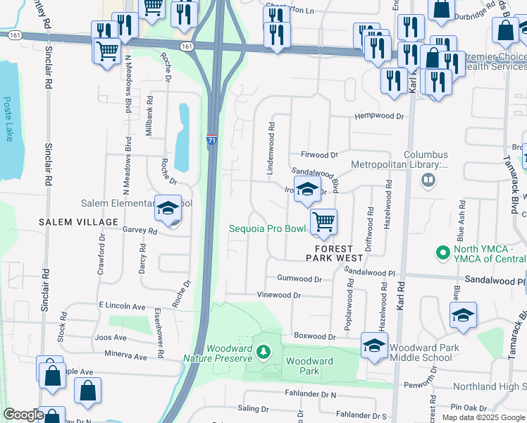 map of restaurants, bars, coffee shops, grocery stores, and more near 5560 Satinwood Drive in Columbus