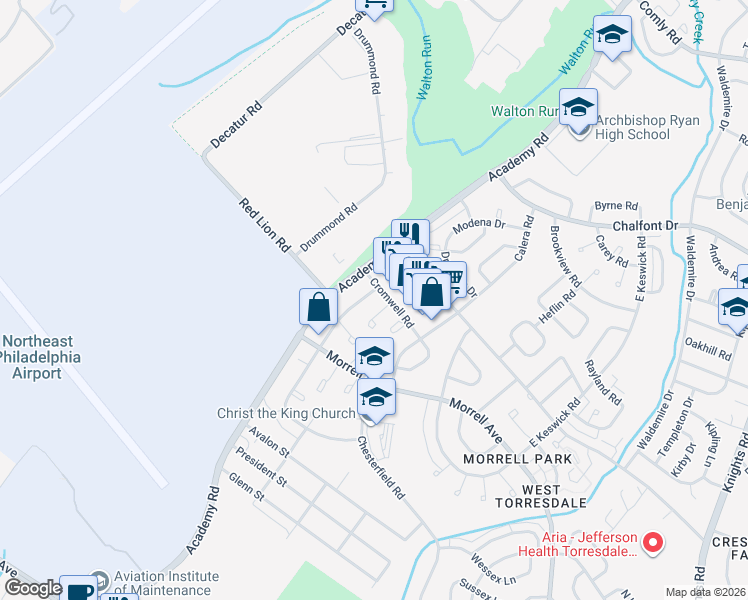 map of restaurants, bars, coffee shops, grocery stores, and more near 10231 North Canterbury Road in Philadelphia