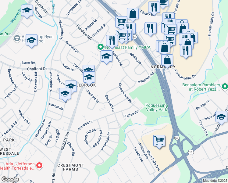 map of restaurants, bars, coffee shops, grocery stores, and more near 4317 Deerpath Lane in Philadelphia