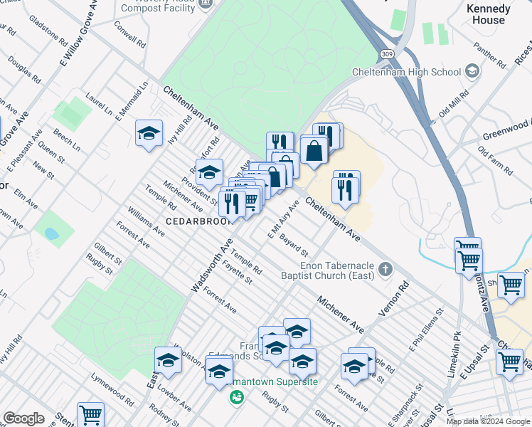 map of restaurants, bars, coffee shops, grocery stores, and more near 8318 Pickering Avenue in Philadelphia