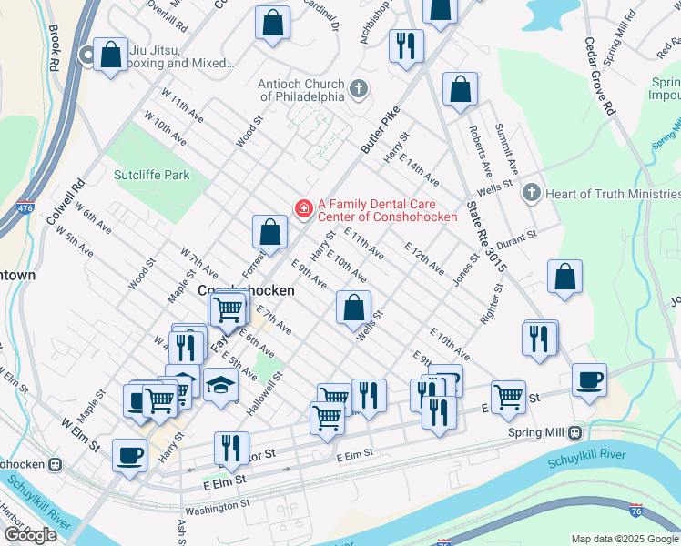 map of restaurants, bars, coffee shops, grocery stores, and more near 131 East 10th Avenue in Conshohocken