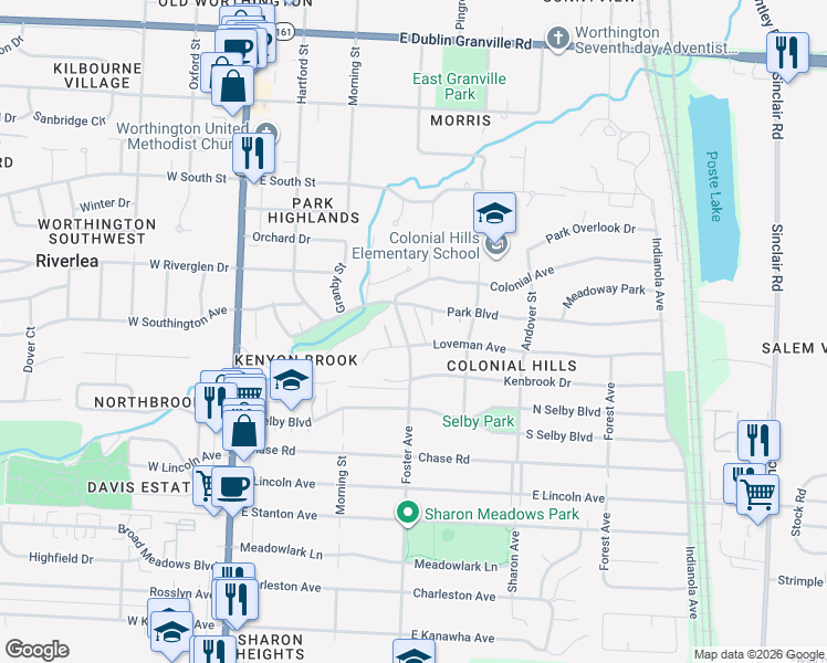 map of restaurants, bars, coffee shops, grocery stores, and more near 5696 Foster Ave in Worthington