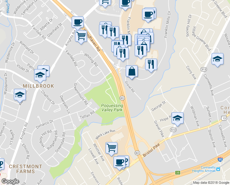 map of restaurants, bars, coffee shops, grocery stores, and more near 4429 Ernie Davis Circle in Philadelphia