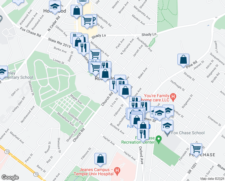 map of restaurants, bars, coffee shops, grocery stores, and more near 210 Huntingdon Pike in Rockledge