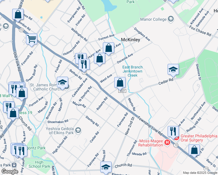 map of restaurants, bars, coffee shops, grocery stores, and more near 123 High School Rd in Elkins Park