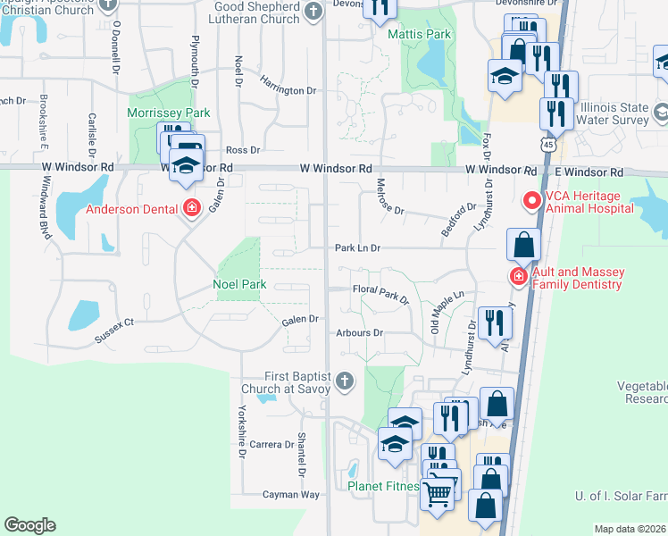 map of restaurants, bars, coffee shops, grocery stores, and more near 4 Hale Haven Court in Savoy